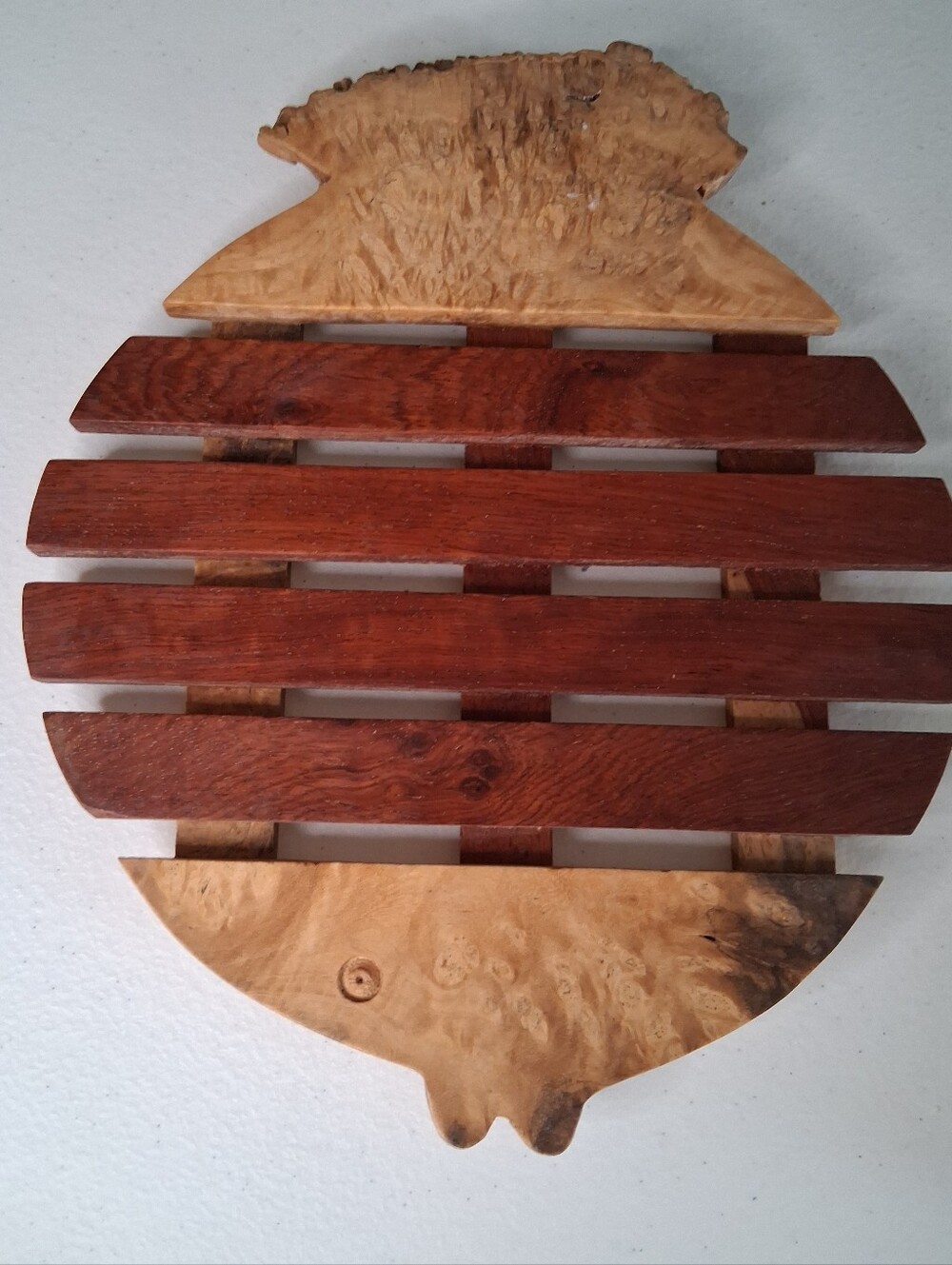 Handcrafted Burl Wood Fish Trivet - Natural & Walnut Tones 9 X 7 Coastal Beachy